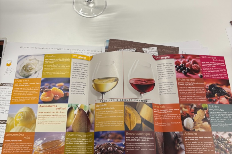 A tasting sheet with a glass of white wine on the table