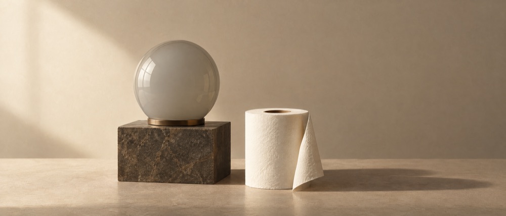 Photograph: a dull switched-off glass orb on a plinth beside a plain roll of soft white paper that holds all the light