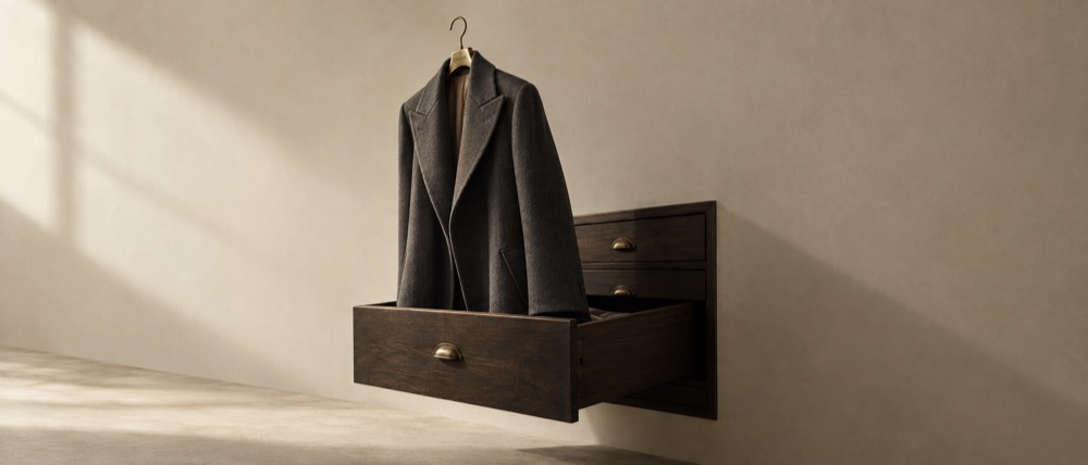 Photograph: a dark archive drawer pulled open from a pale wall with a tailored coat rising out of it on a brass hanger