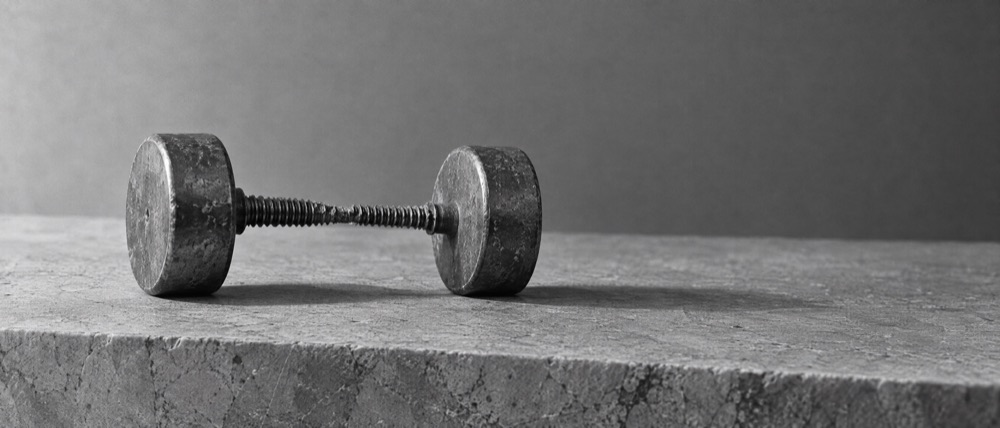 Photograph, greyscale: a small barbell on a stone ledge, heavy discs at both ends and the bar between them worn thin