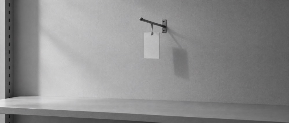 Photograph, greyscale: a single empty display peg on a bare wall with one blank card hanging from it