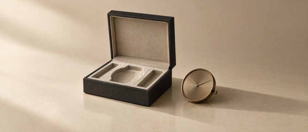 Photograph: an open presentation box with its compartments emptied out, a brass clock face lying beside it