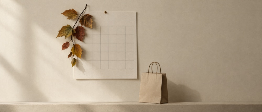 Photograph: a blank calendar page with autumn leaves laid across its first column and a paper shopping bag beneath