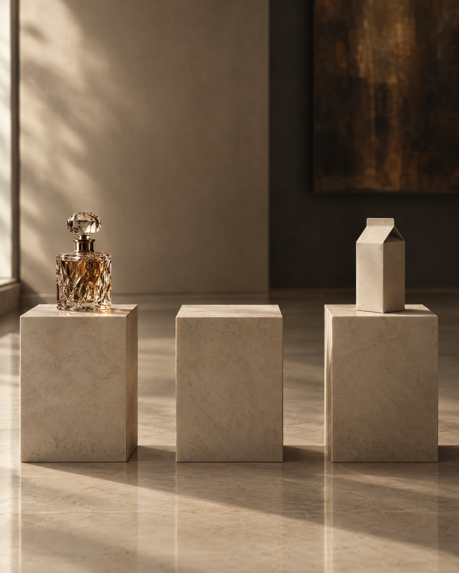 Photograph: three marble plinths in a row. The left carries a cut-crystal flacon, the right a plain paper carton, and the middle plinth is empty.