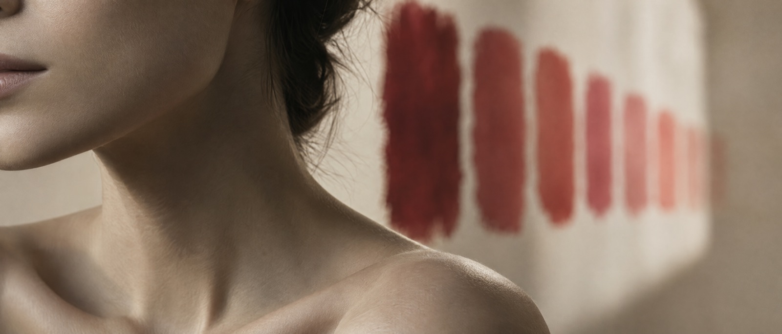 Photograph: a model cropped at the lip and shoulder, skin bare and without blush, with a row of red-pink pigment swatches out of focus behind her.