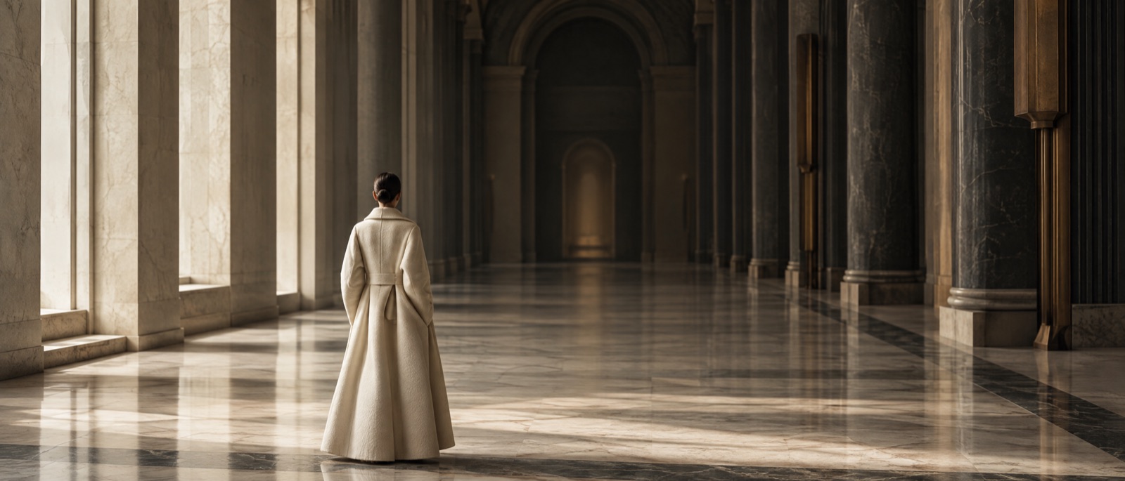 Photograph: a single figure in a pale wool coat, seen from behind, alone in a vast empty marble hall.