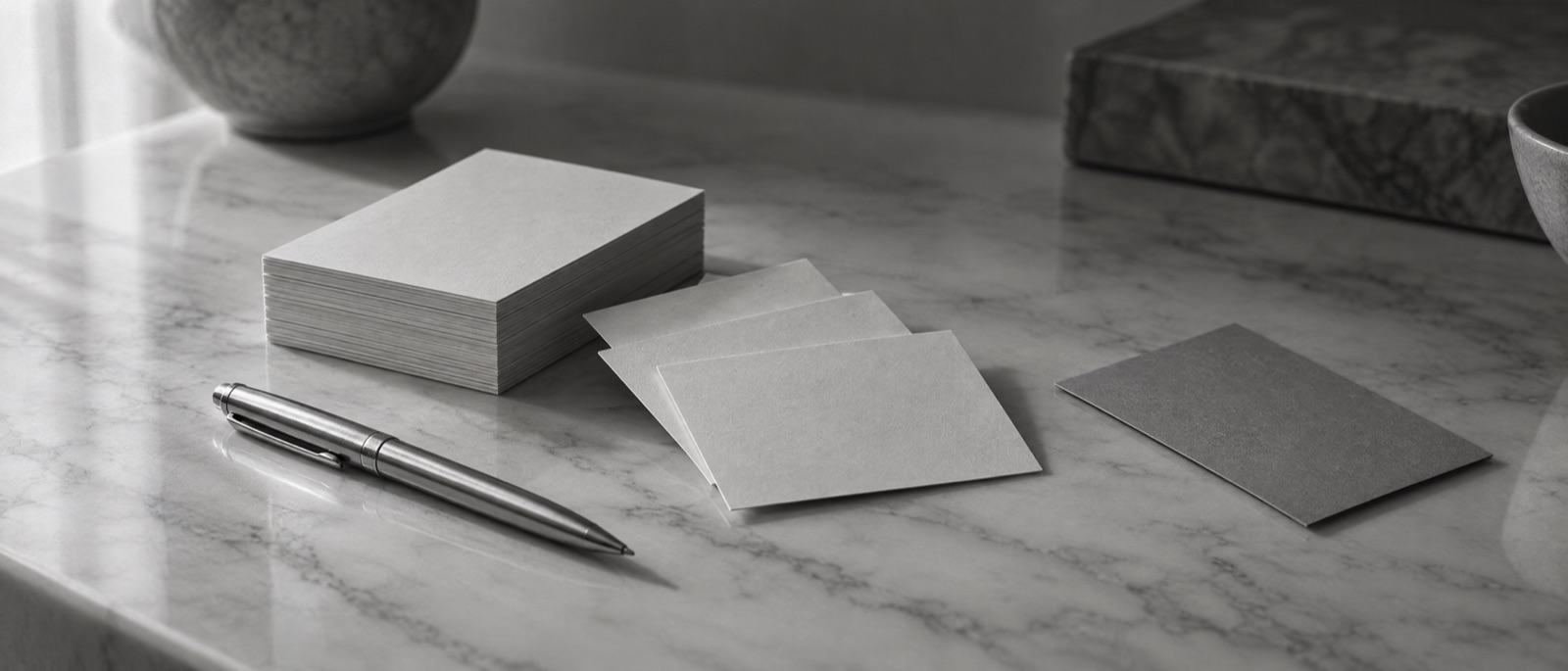 Photograph, greyscale: a stack of plain index cards and a steel pen on marble, three cards set apart and one turned face down.