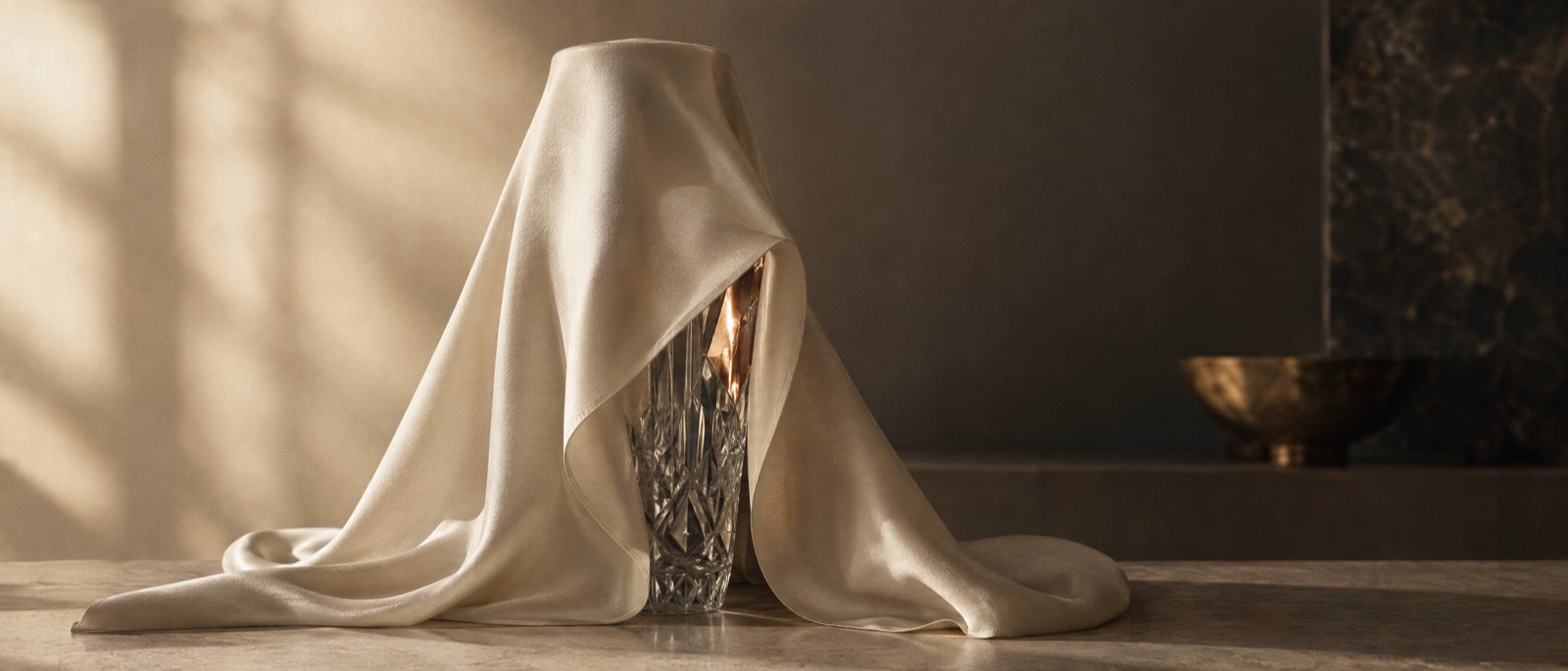 Photograph: a cut-crystal vessel draped in ivory silk, its silhouette readable, one corner of the silk folded back to reveal a single facet.